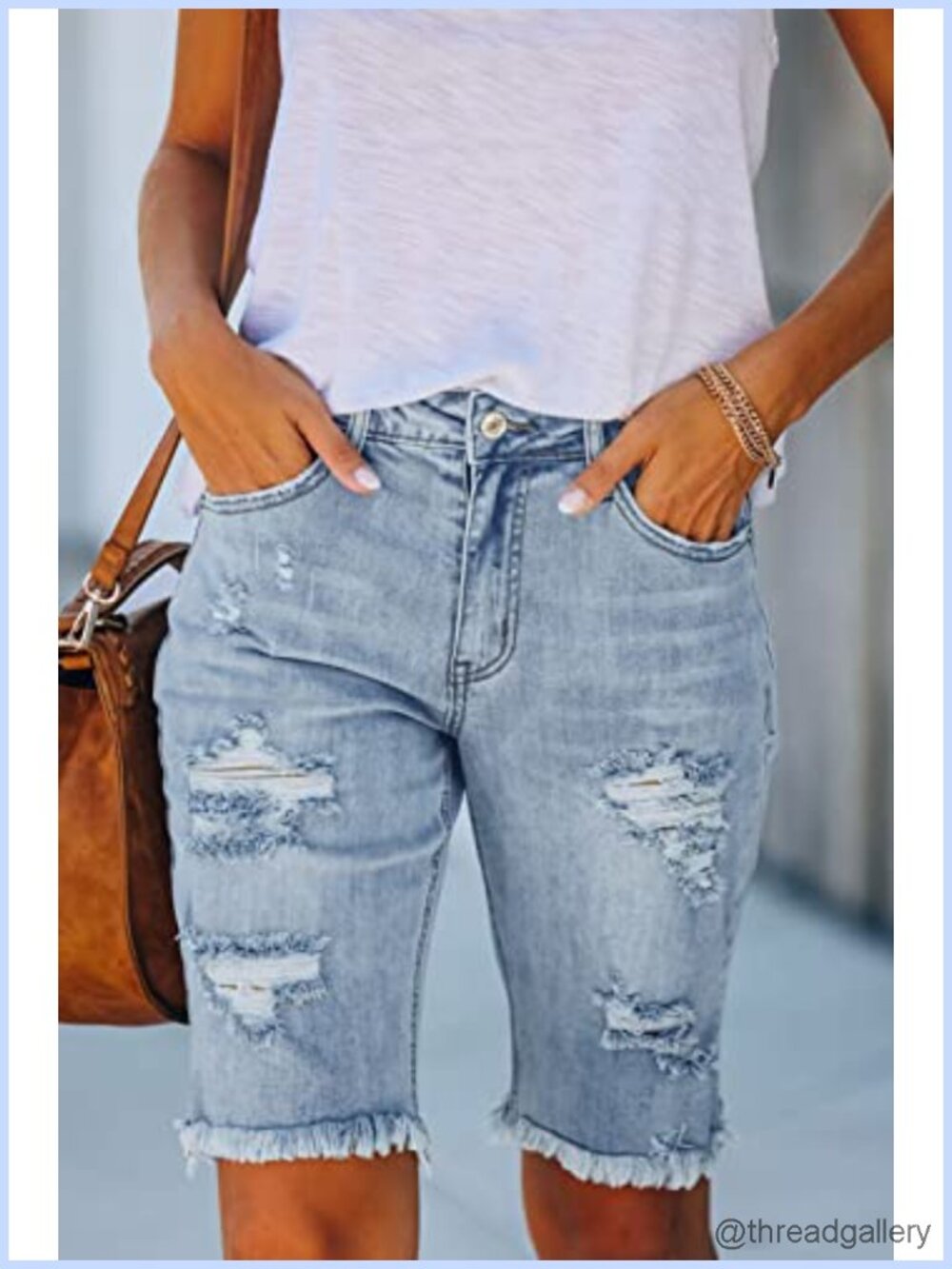 Mid Rise Ripped Denim Bermuda Shorts Stretchy 10 Inch Inseam - Picture 4 of 6